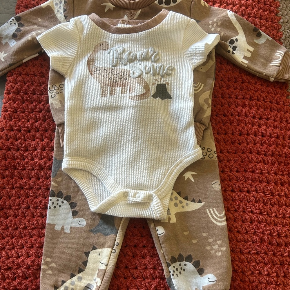 Dinosaur Print Kids One Piece Set - Cream and Brown